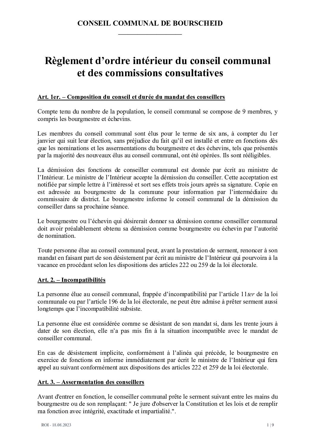 Règlement ordre interieur Conseil communal et commissions consultatives 2023