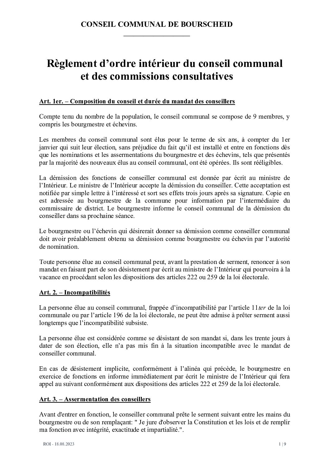 Règlement ordre interieur Conseil communal et commissions consultatives 2025