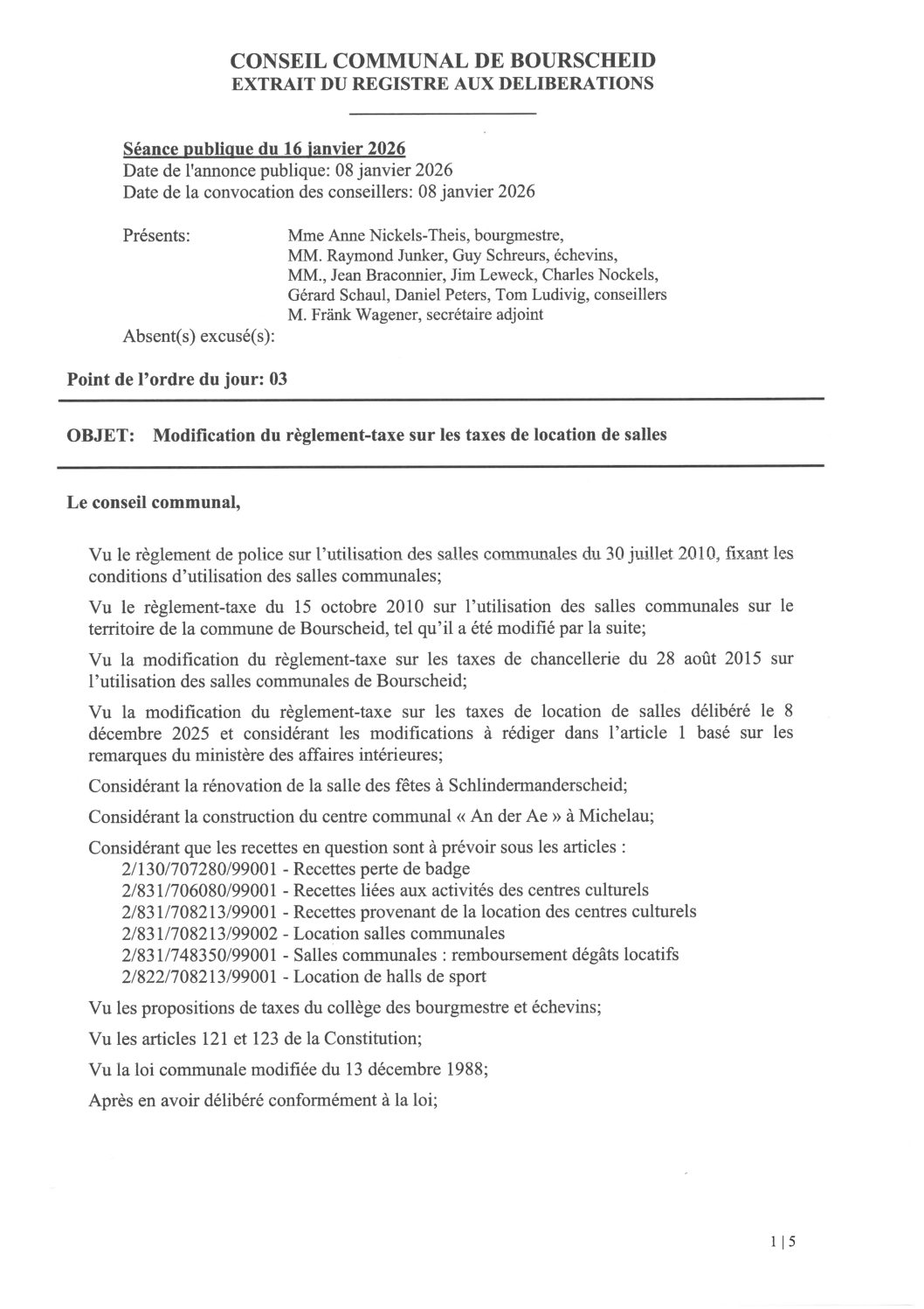 Modification du règlement-taxe sur les taxes de location de salles - Délibération certifiée 16.01.2026