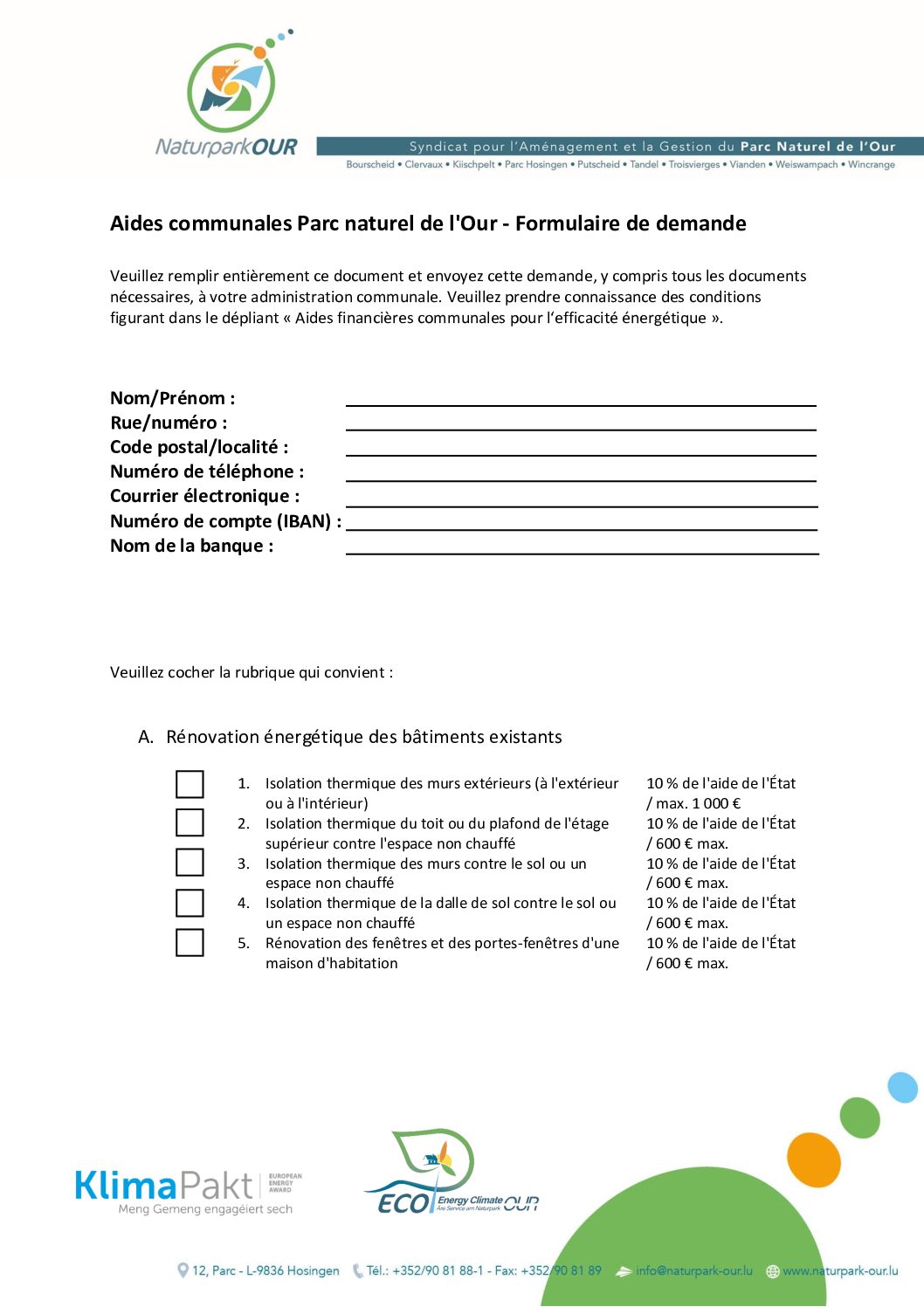 Aides communales - Formulaire